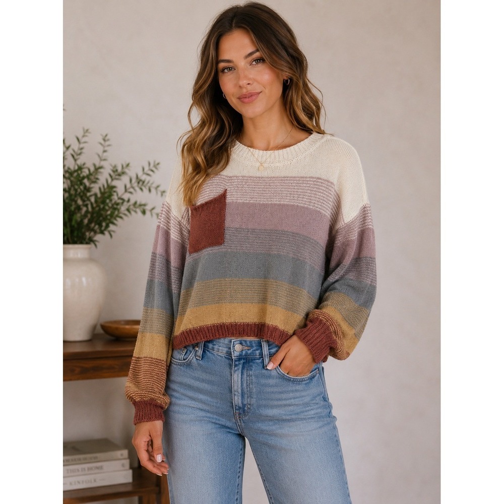 Listicle Women Striped Knit Sweater Oversized Balloon Sleeve Pocket Cream Small